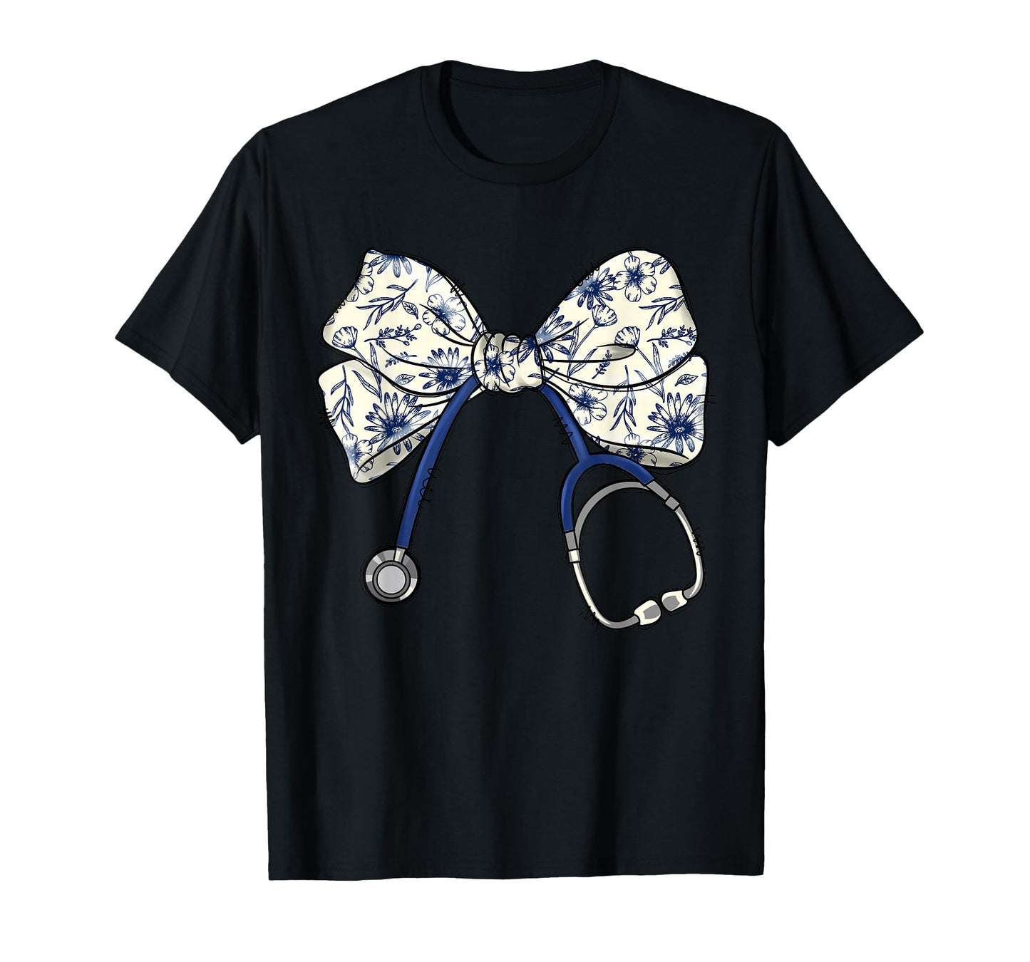 Floral Blue Coquette Bow Nurse Stethoscope Nursing Doctor T-Shirt