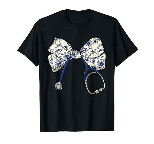 Floral Blue Coquette Bow Nurse Stethoscope Nursing Doctor T-Shirt