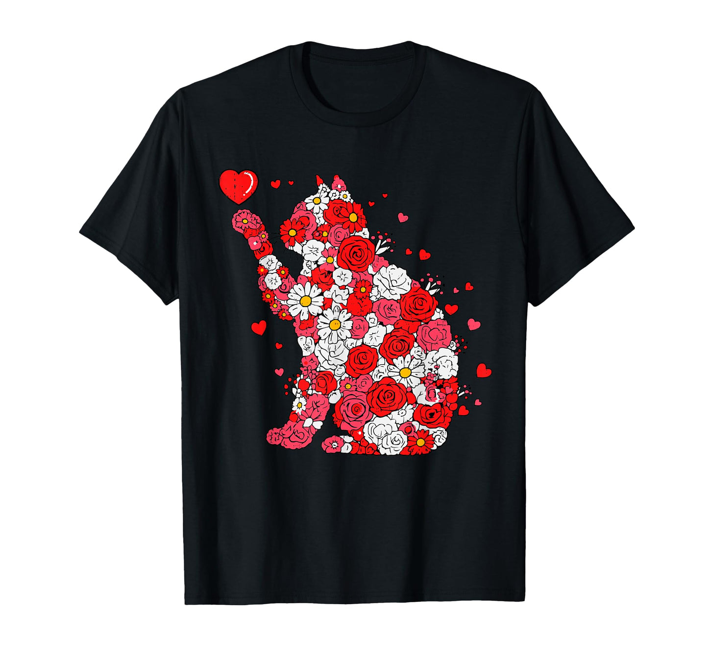 Floral Cat Heart Valentines Day Meow Kitty Kitten Cat Lover T-Shirt