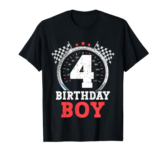 Kids 4th Birthday Boy 4 Fourth Race Car Birthday Racing Car Flag T-Shirt
