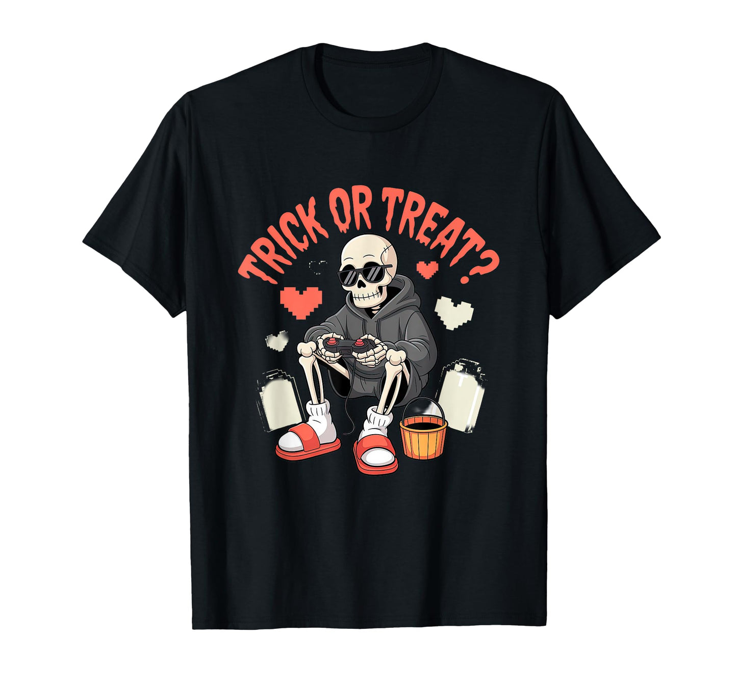 Gamer Skeleton with Controller Spooky Pixel Retro Style T-Shirt