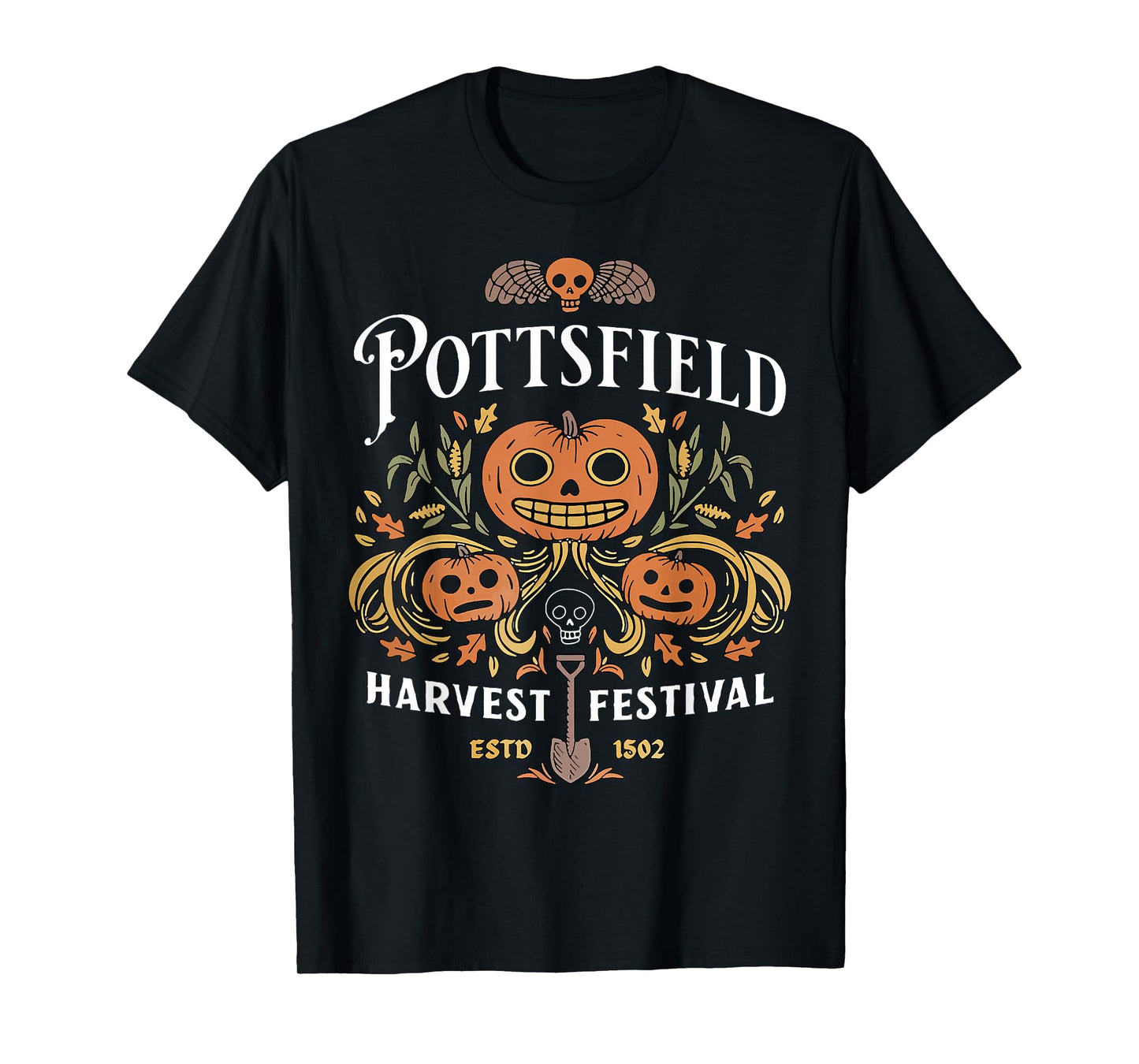 Funny Pottsfield Harvest Festival Tee Shirt - Unisex Adult Halloween T-Shirt - Black - Small - Short Sleeve - Crew Neck - Regular Fit - Modern Style - Appliqued Bow Design - Casual - Machine Wash
