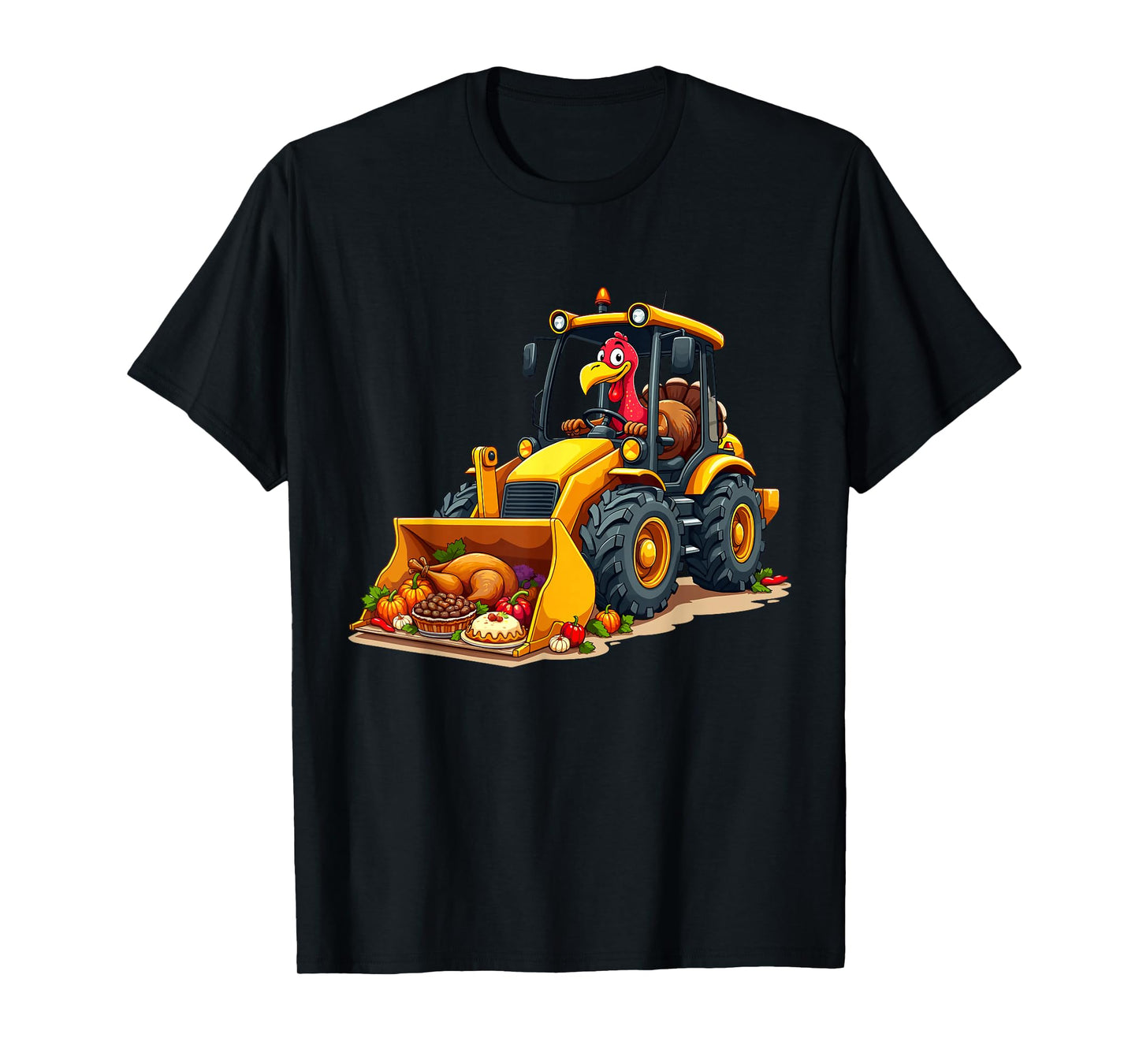 Boys Thanksgiving Kids Thanksgiving Funny Turkey Driving Loader with Harvest Feast T-Shirt