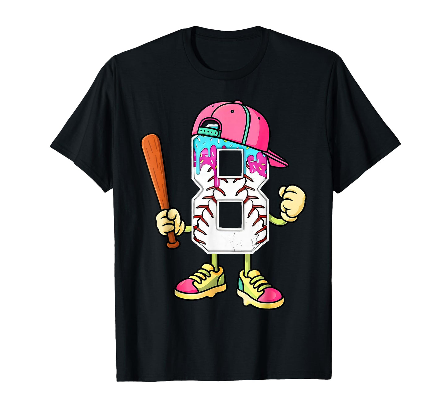 Baseball 8th Birthday Boy Ice Cream Drip 8 Year Old Birthday T-Shirt