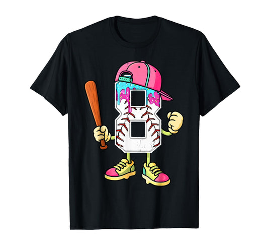 Baseball 8th Birthday Boy Ice Cream Drip 8 Year Old Birthday T-Shirt
