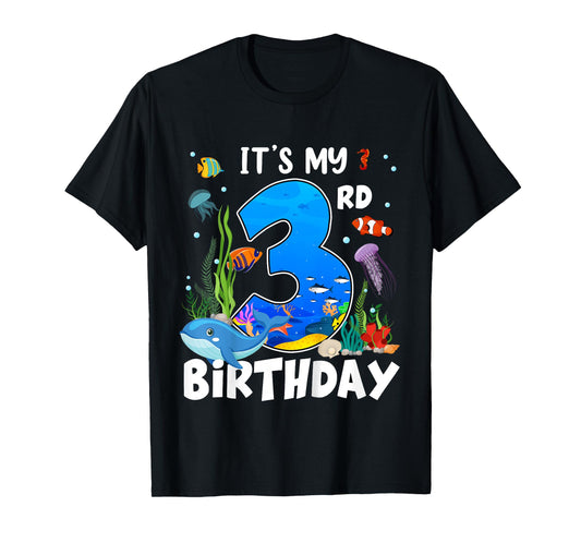 3 Year Old Ocean Life Whale Dolphin Shark 3rd Birthday T-Shirt