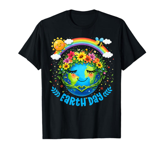 Happy Earth Day Cute Earth Floral Crown Rainbow Heart T-Shirt