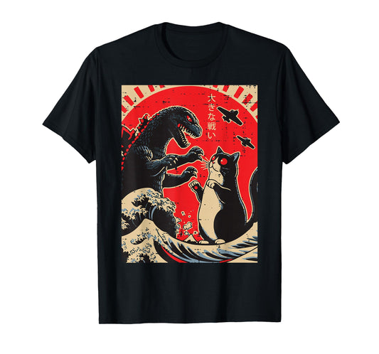 Sea Monster and Cat Fighting Waves Japanese Men Women Kids T-Shirt