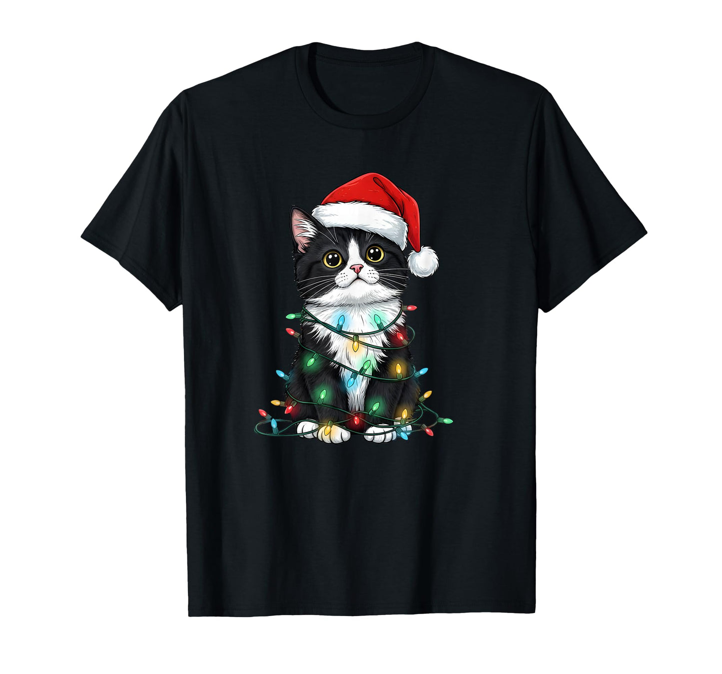 Tuxedo Cat Tree Christmas Lights Xmas Pajama Men Women T-Shirt