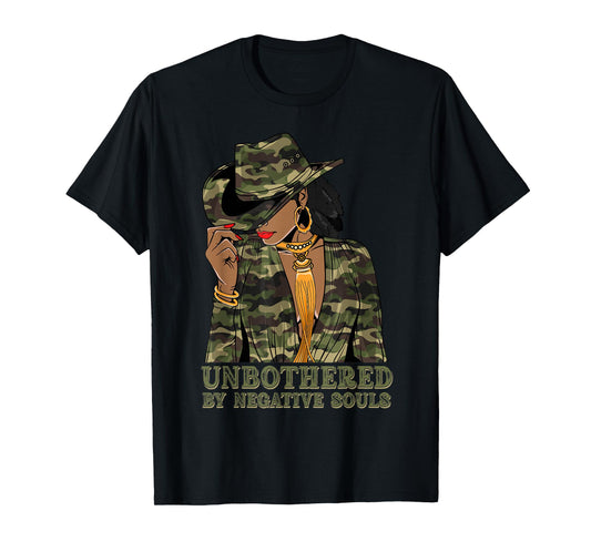 Unbothered Western Black Cowgirl Camo Camoflauge Afro Woman T-Shirt