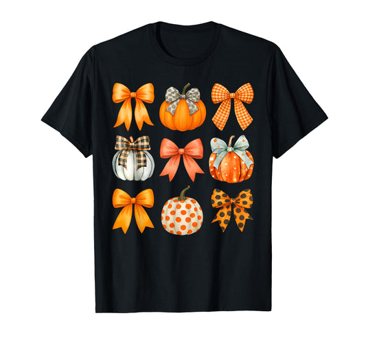 Coquette Bow Pumpkin Season Thanksgiving Autumn Fall Leaves T-Shirt