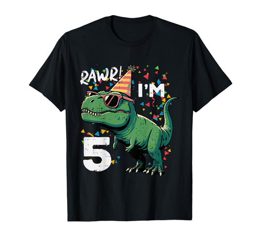 Kids 5th Birthday Trex Rawr Im 5 Years Old Dino Bday Boys Kids T-Shirt