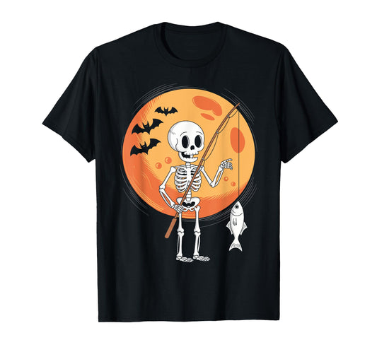 Funny Skeleton Fishing Lovers Moon Spooky Halloween Boys T-Shirt