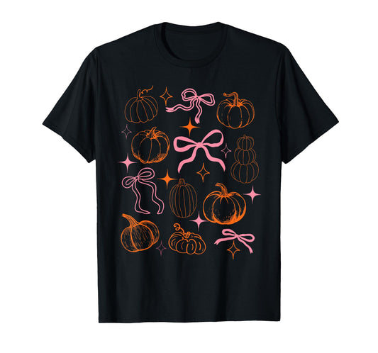 Coquette Bow Pumpkin Season Leaves Thanksgiving Autumn Fall T-Shirt