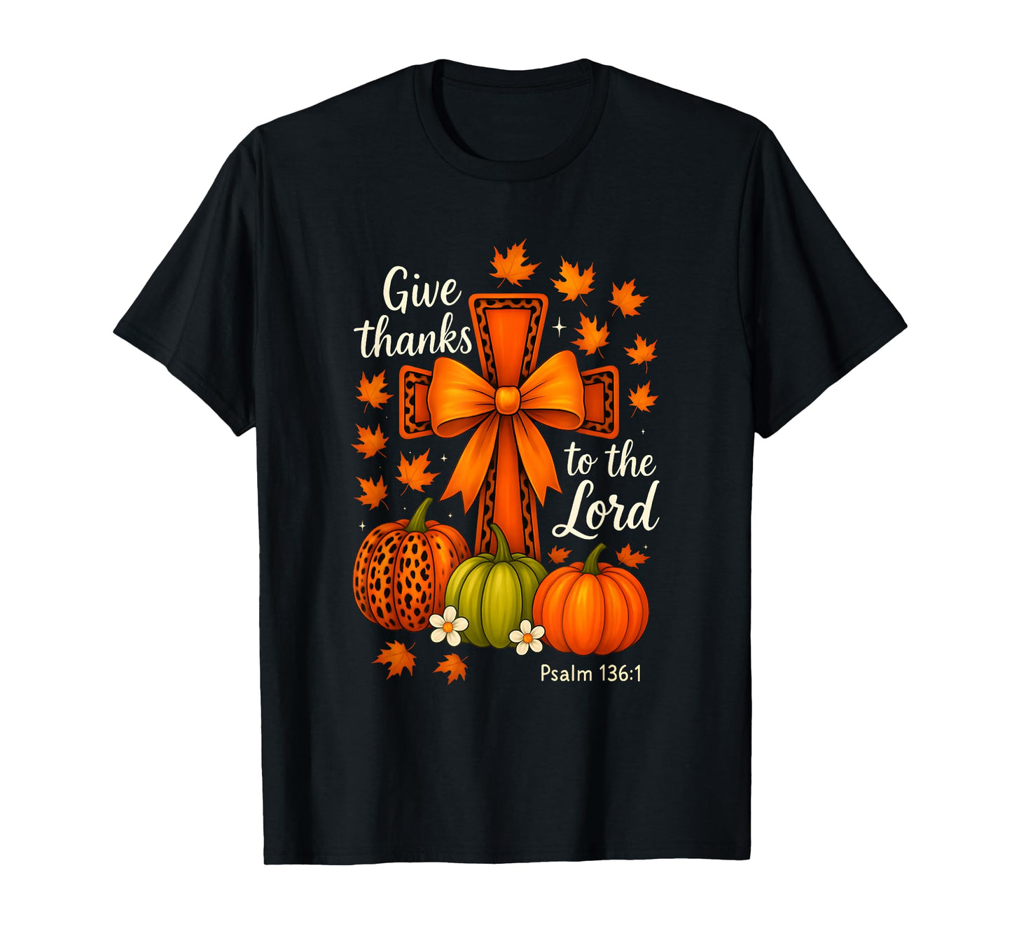 Give Thanks to The Lord Fall Christian Cross Coquette Bow T-Shirt
