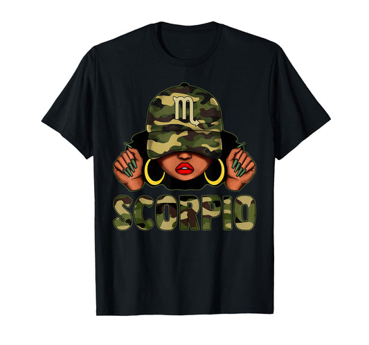 Scorpio Queen Black Woman With Cap Camo Afro Girl Zodiac T-Shirt