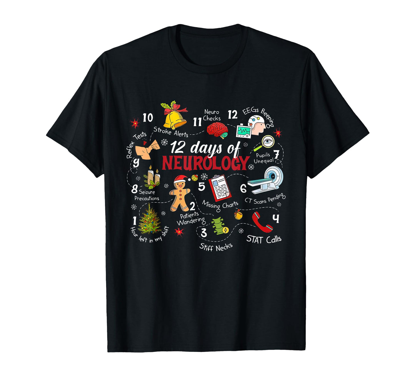 12 Days of Neurology Christmas Brain Neuro Nurse Psychology T-Shirt