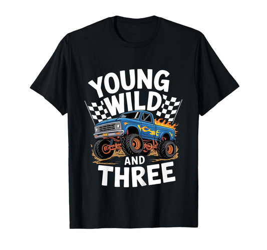 Kids 3rd Birthday Monster Truck Young Wild And Three 3 Year Old T-Shirt