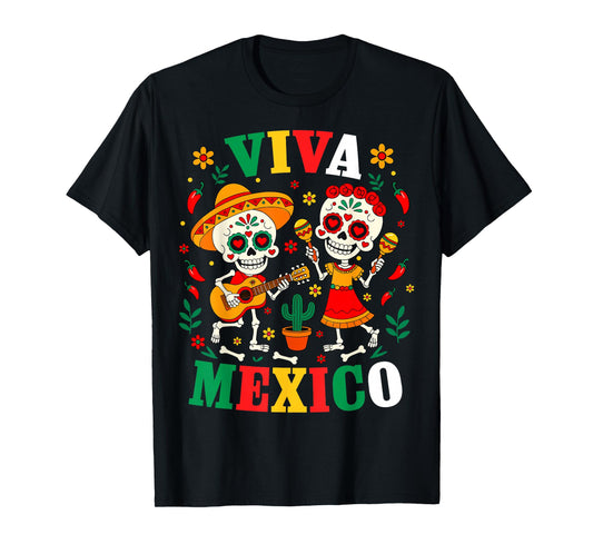 Viva Mexico Mexican Girl Boy Kids Skeleton Independence Day T-Shirt