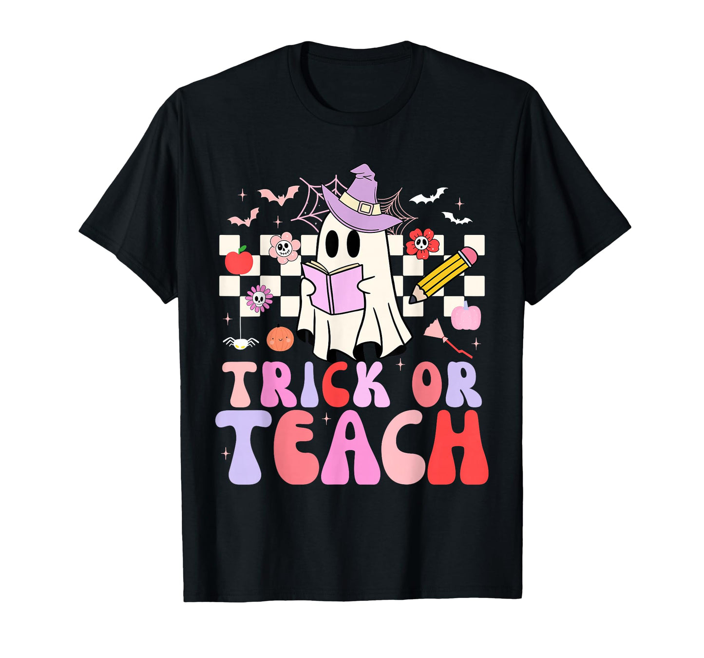 Trick Or Teach Groovy Teacher Halloween Retro Floral Ghost T-Shirt