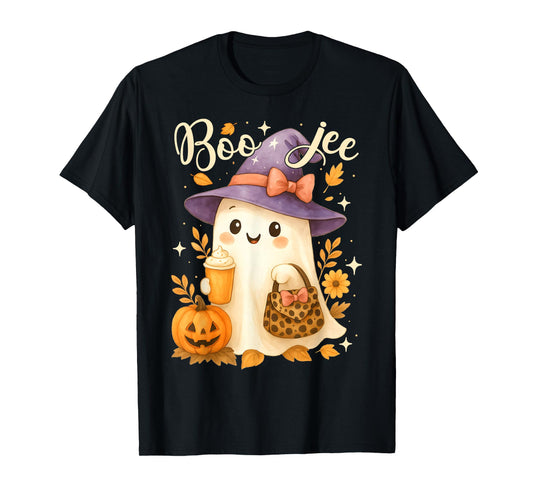 Cute Boo Jee Witch Ghost Halloween Coffee Latte Leopard T-Shirt