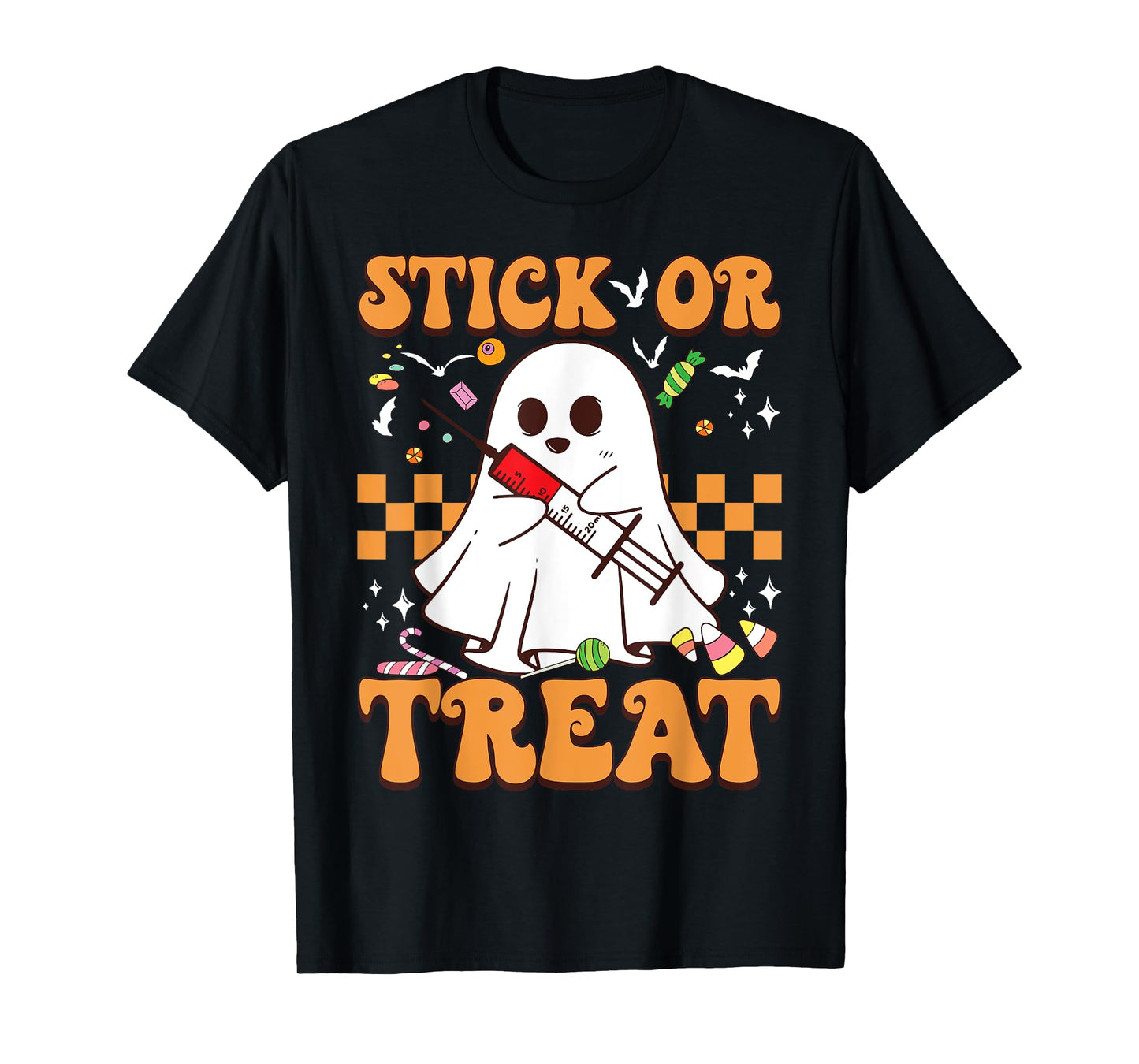 Retro Stick Or Treat Cute Ghost Nurse Phlebotomist Halloween T-Shirt