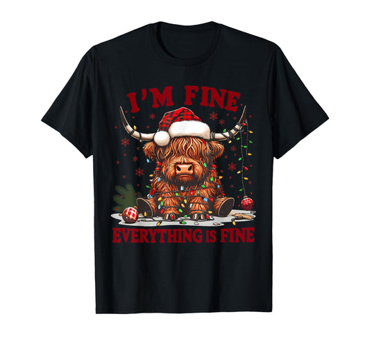 I'm Fine Everything is Fine Funny Christmas Highland Cow T-Shirt