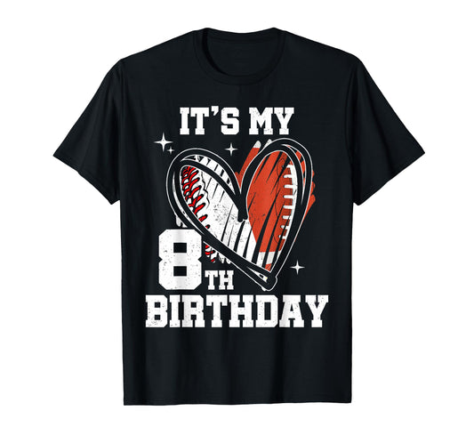 It's My 8th Birthday Baseball Football Heart 8 Year Old T-Shirt