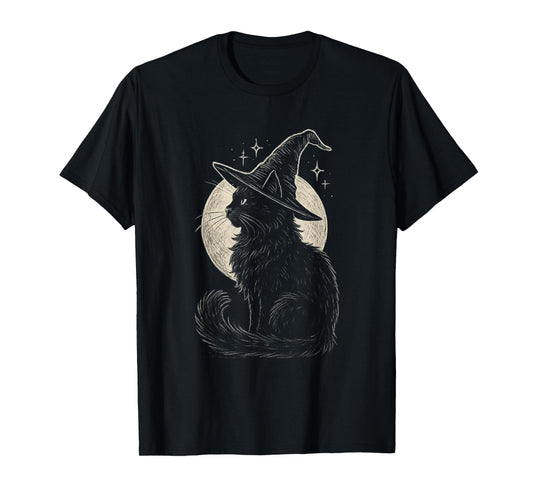 Cute Black Cat Witch Hat Moon Retro Coquette Boho Halloween T-Shirt