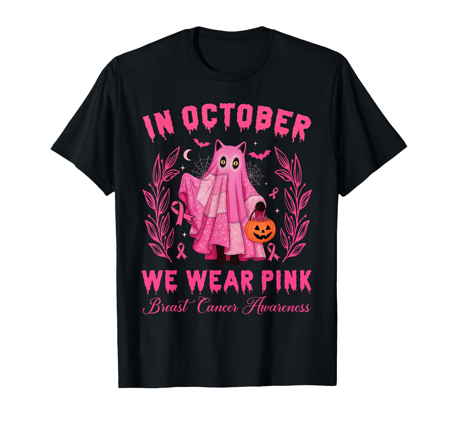 in October, We Wear Pink Halloween Black Cat Cute T-Shirt