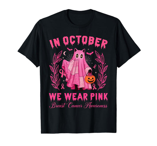 in October, We Wear Pink Halloween Black Cat Cute T-Shirt