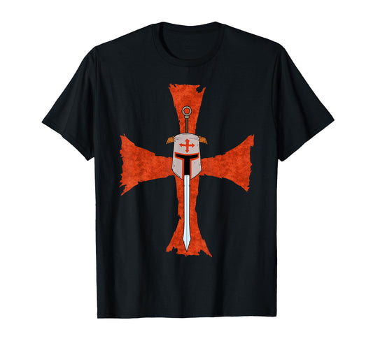 Mens Deus Vult Crusade Sign Cross Crucifix Medieval Templar Sword T-Shirt