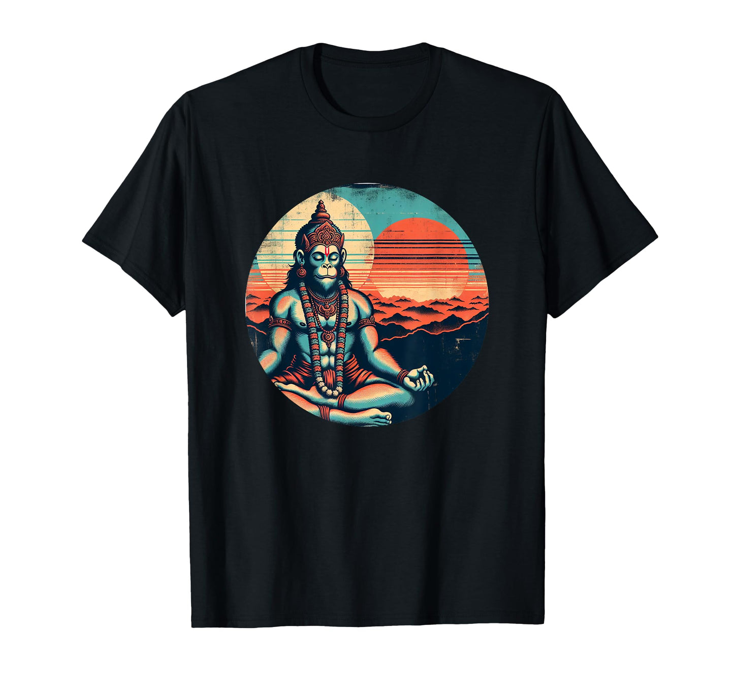 Meditating Hanuman Vintage Sunset Empowering Yoga Meditation T-Shirt