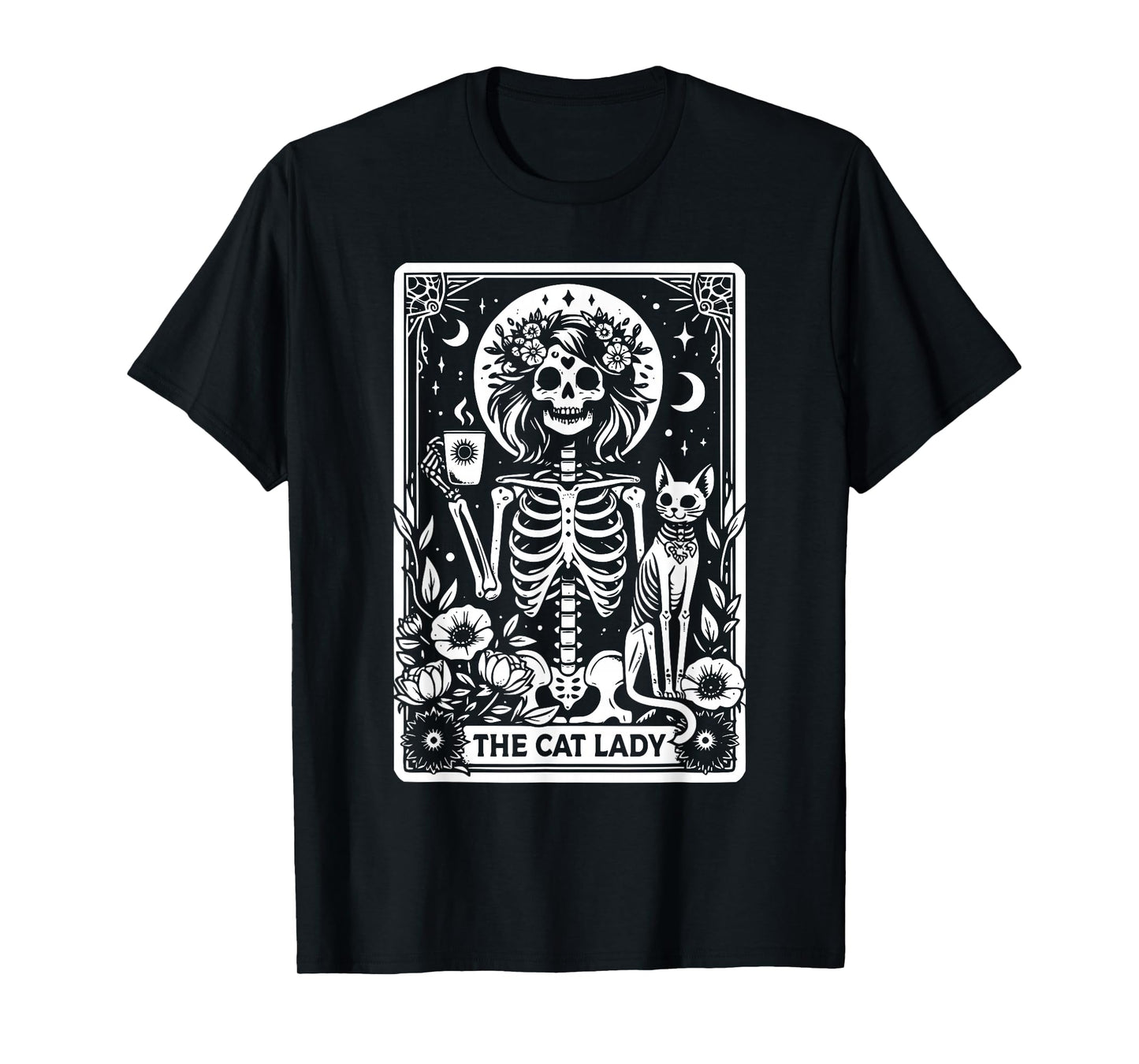 The Cat Lady Tarot Cards Skeleton Coffee Cat Tarot Card T-Shirt