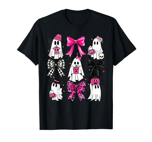 Cute Ghost Coquette Aesthetic Pink Bows Spooky Season Girl T-Shirt