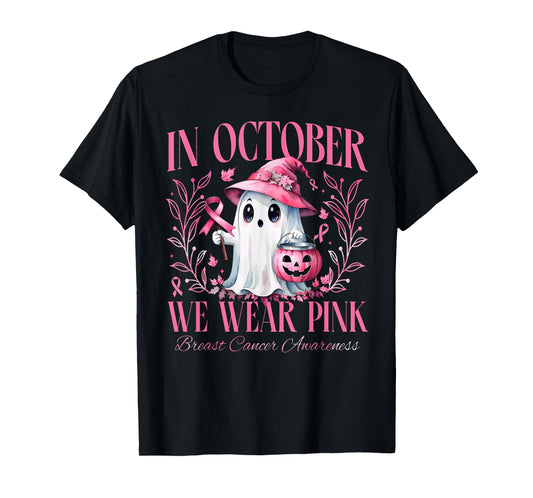 In October We Wear Pink Breast Cancer Awareness Ghost Ribbon T-Shirt