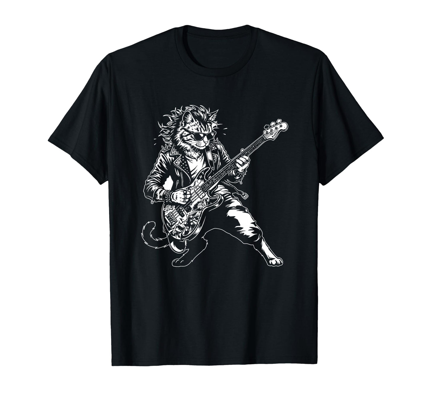 Punk Rock Cat Playing Bass Guitar Cool Musician Graphic T-Shirt