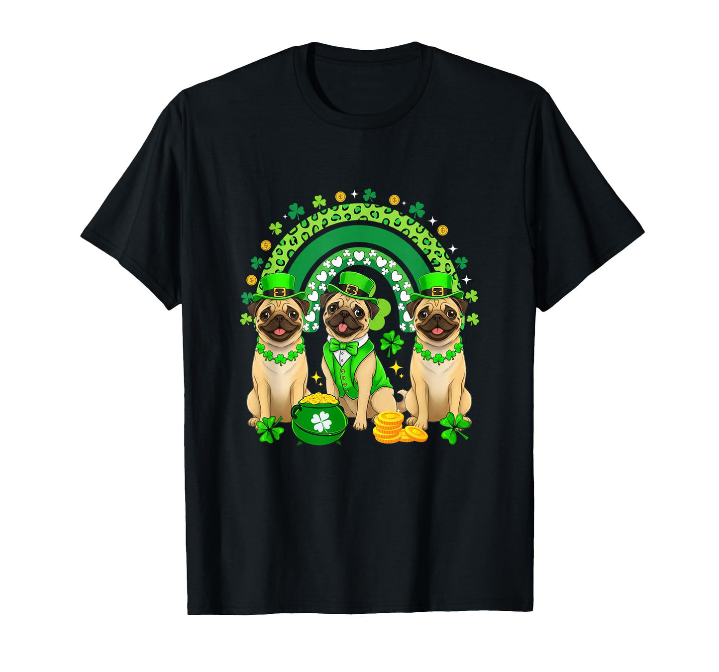 Three Cute Pugs St. Patrick's Day Shamrocks Rainbow T-Shirt