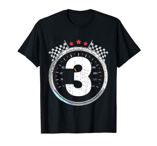 Kids 3rd Birthday Boy 3 Third Race Car Birthday Racing Car Flag T-Shirt