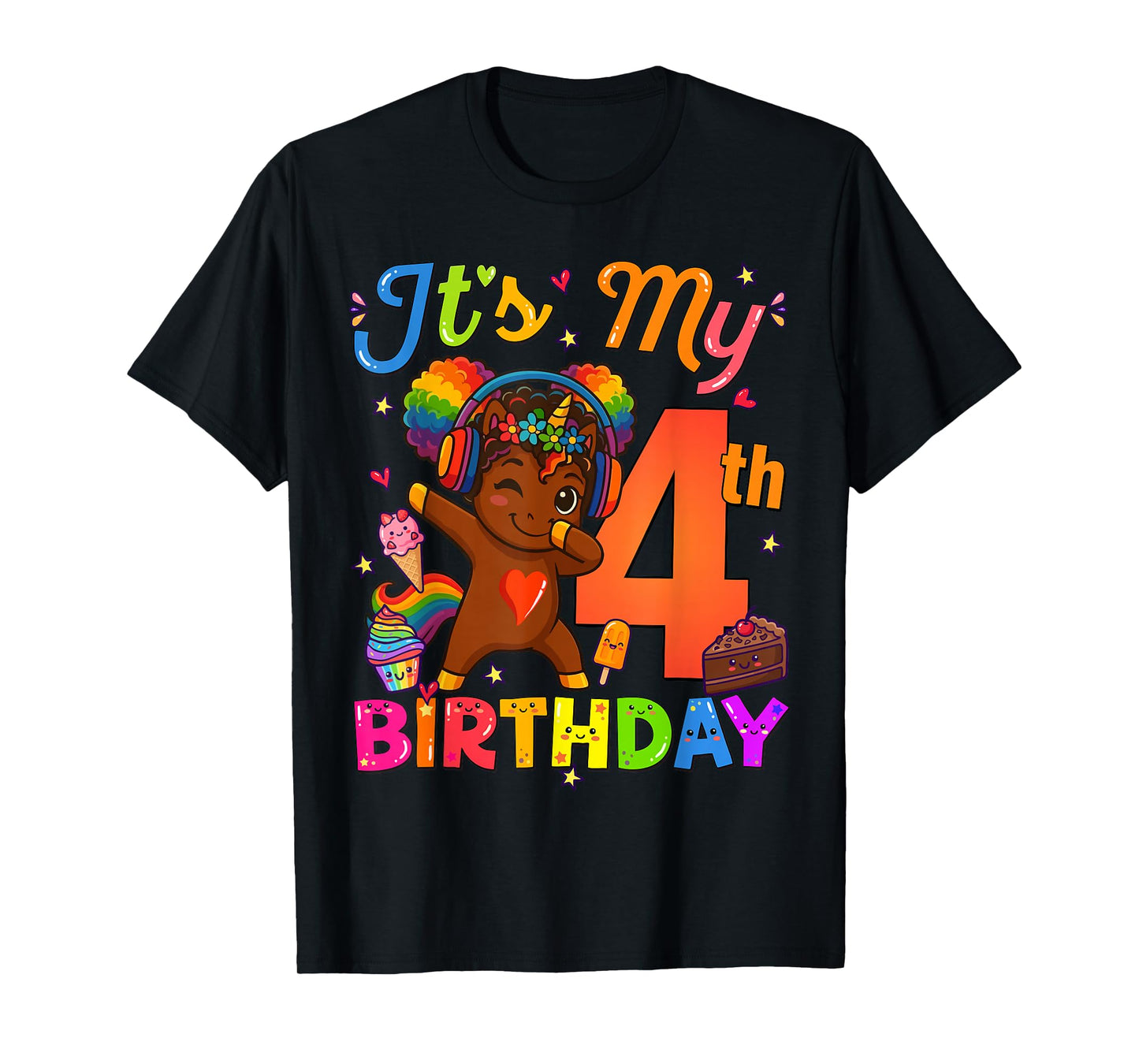 Unicorn Afro 4th Birthday Girl Natural Hair Afro American T-Shirt