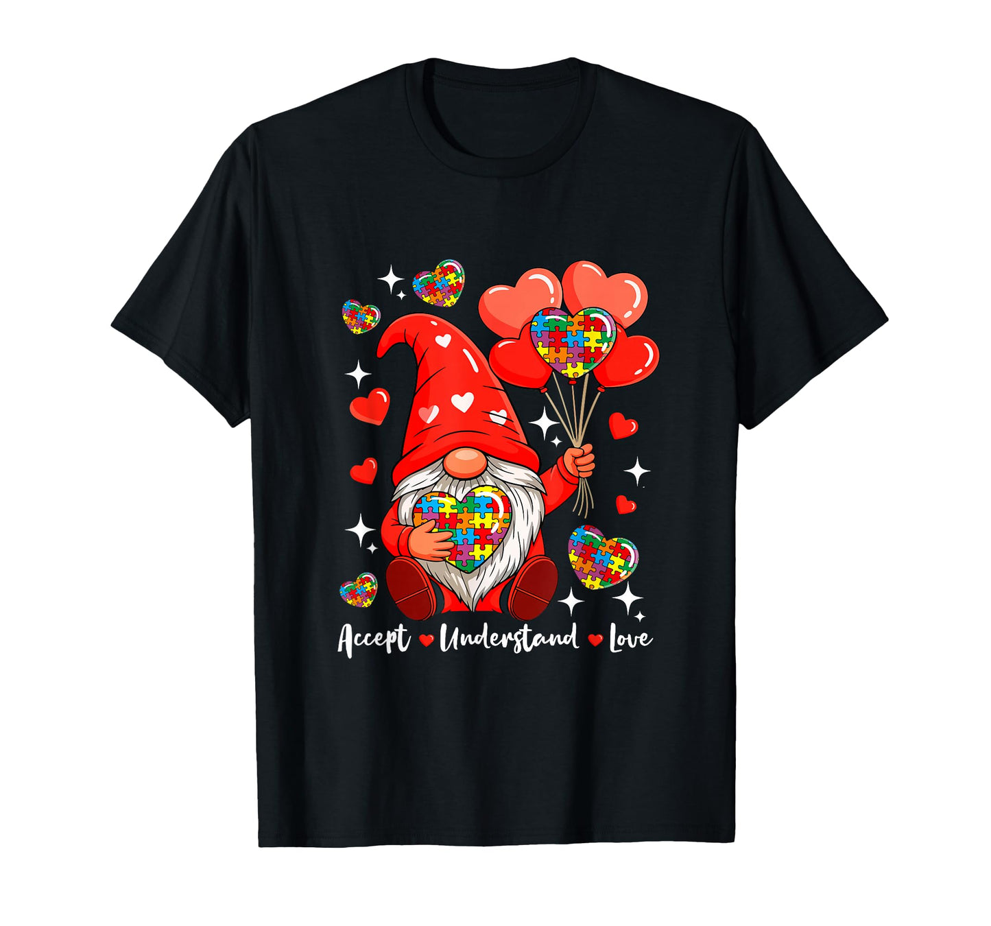 Love Accept Understand Valentine Hearts Gnome Proud Autism T-Shirt
