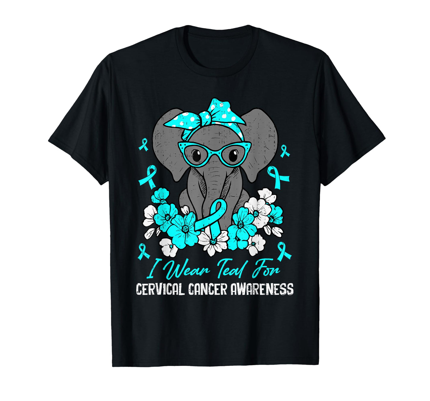 Cervical Cancer Awareness Elephant Ribbon Teal Support T-Shirt
