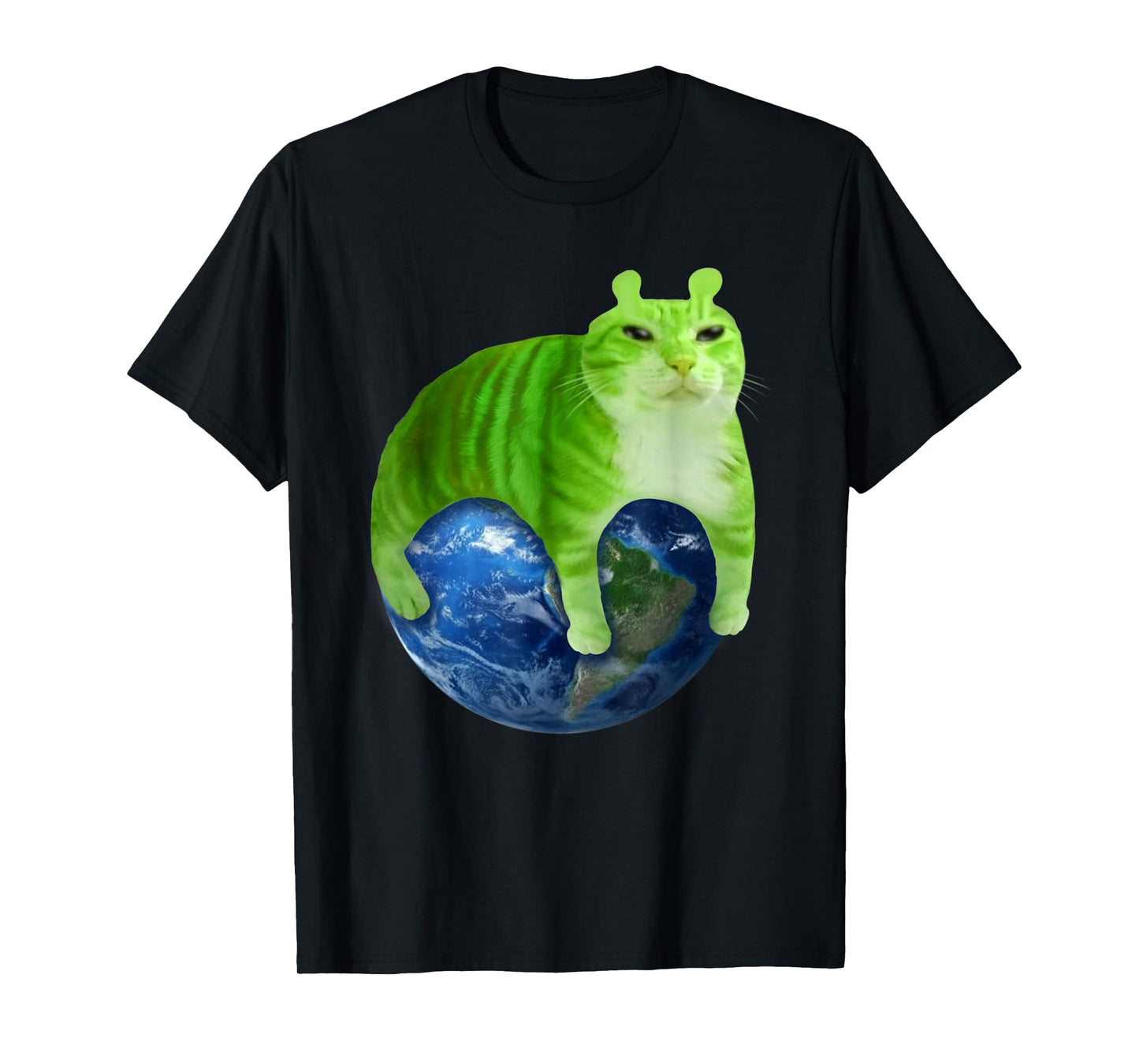 Green Space Cat Sitting On Earth Funny Cosmic Planet Art T-Shirt