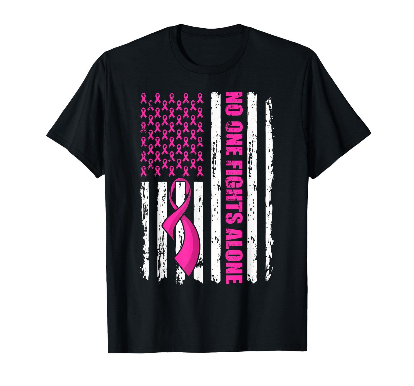 No One Fight Breast Cancer Alone Pink Ribbon American Flag T-Shirt