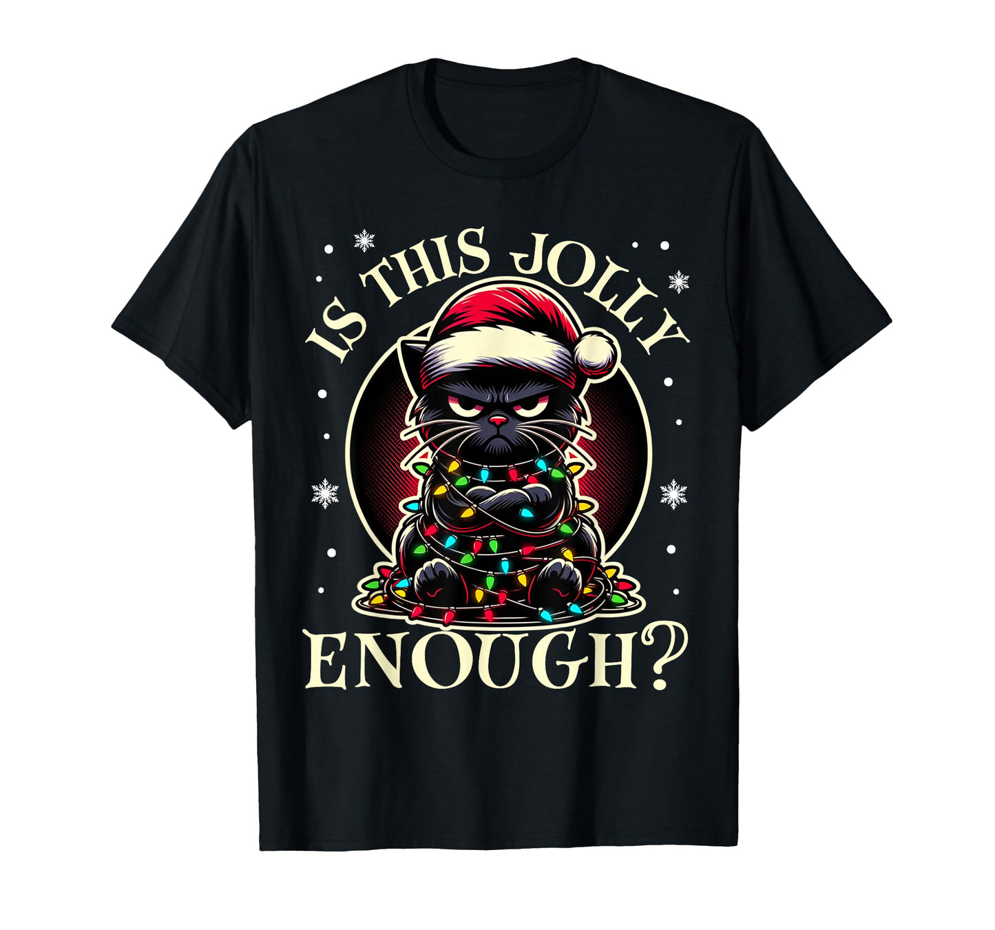 Is This Jolly Enough Funny Black Cat Christmas Tree Lights T-Shirt