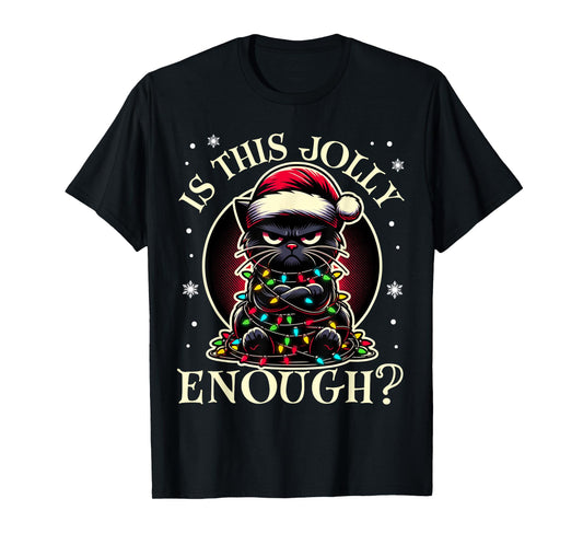 Is This Jolly Enough Funny Black Cat Christmas Tree Lights T-Shirt