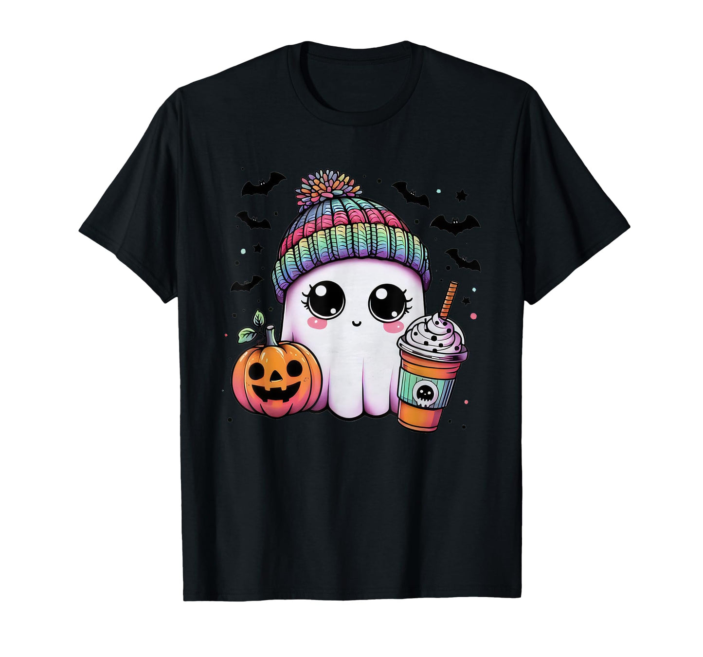 Cute Ghost Drinking Coffee Halloween Ghost Ice Coffee Womens T-Shirt