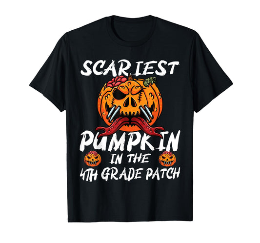 Kids Scariest Pumpkin 4th Grade Patch School Halloween Boy T-Shirt