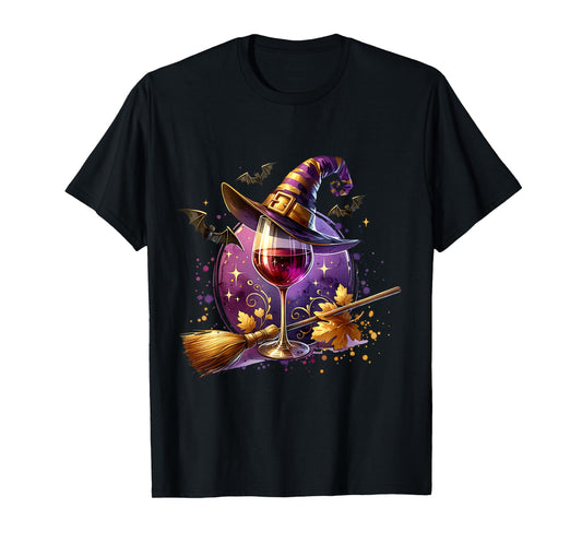 Halloween Witch Hat Wine Glass Cute Wine Lover Halloween T-Shirt