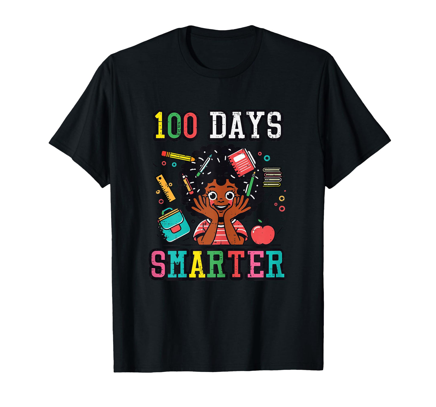 100 Days Smarter Black Afro Girl 100th Day School Girls Kids T-Shirt